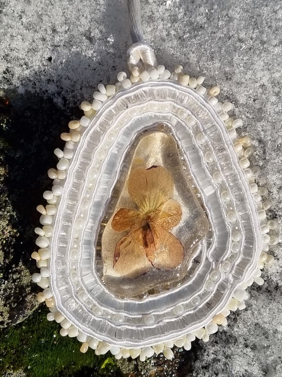 “White Lady” – Handmade Amulet with Sea Glass, Dried Flower & Soutache Embroider