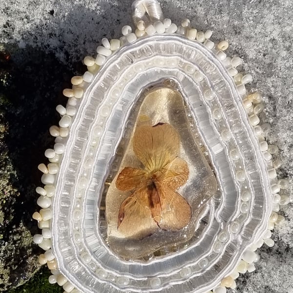 “White Lady” – Handmade Amulet with Sea Glass, Dried Flower & Soutache Embroider