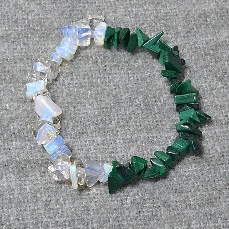 Malachite Chip and Opalite Chip Elastic Half and Half Bracelet