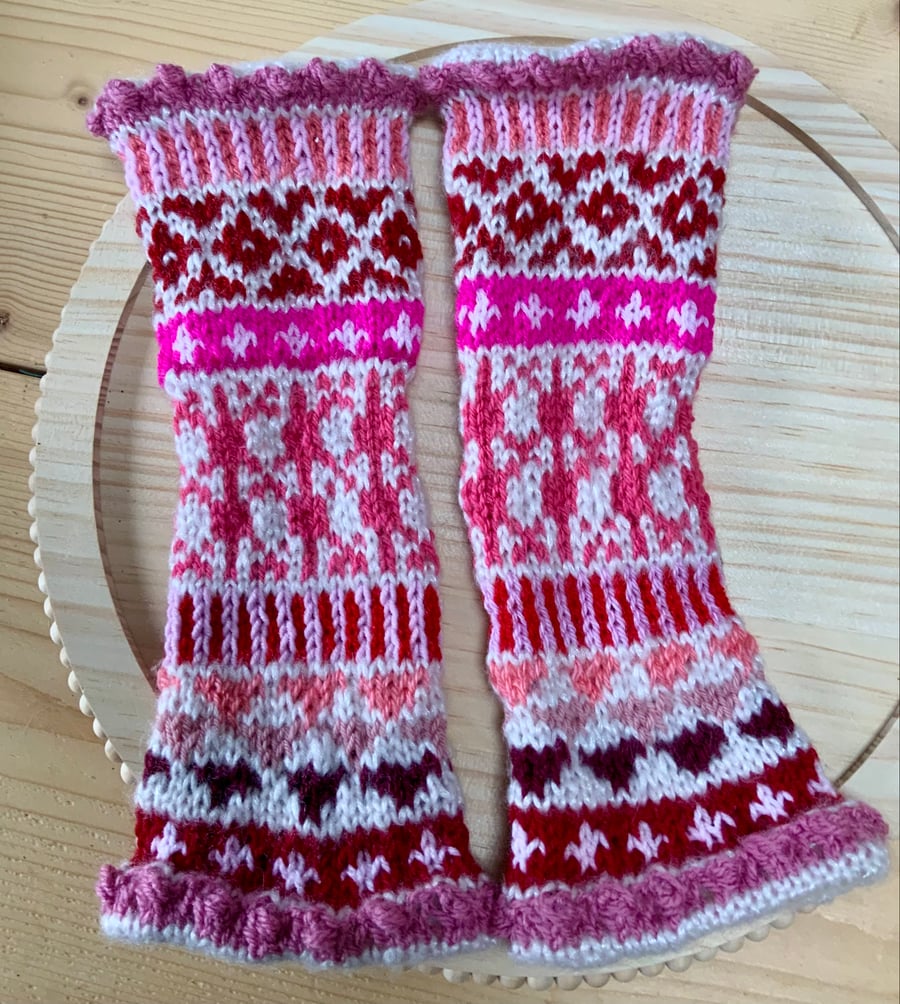 Hand Knitted Ladies Fair Isle Wrist Warmers