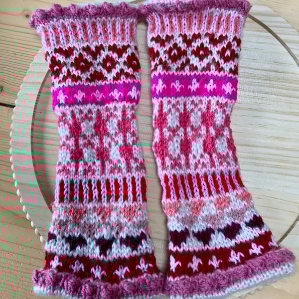 Hand Knitted Ladies Fair Isle Wrist Warmers