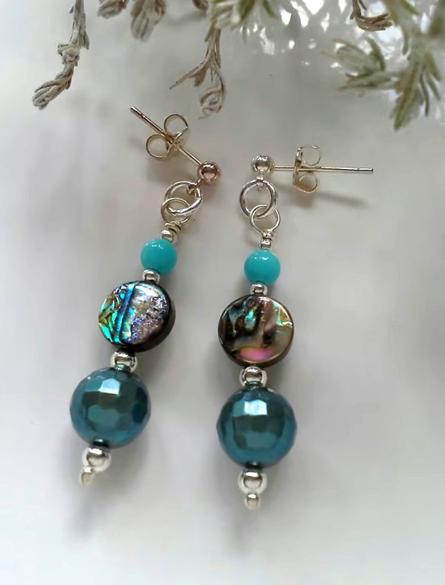 Abalone Shell, Howlite & Shell Pearls Stud Earrings  Silver Plate