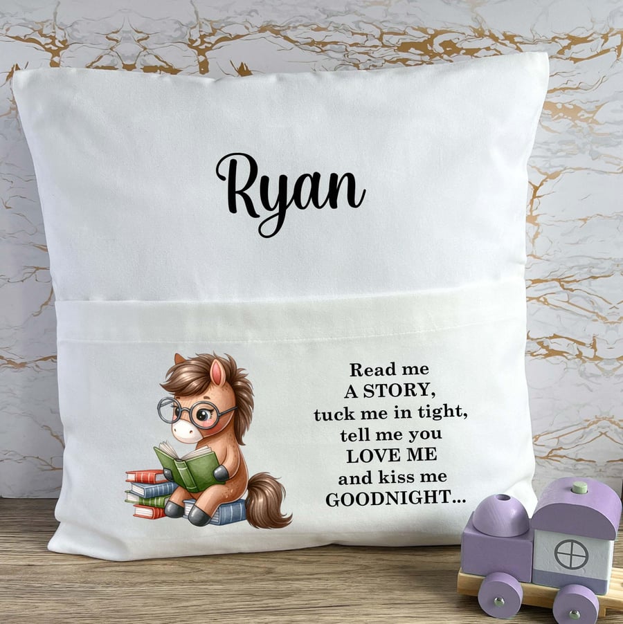 Personalised Horse Pony Book Pocket Cushion, Read Me A Story Reading Cushion