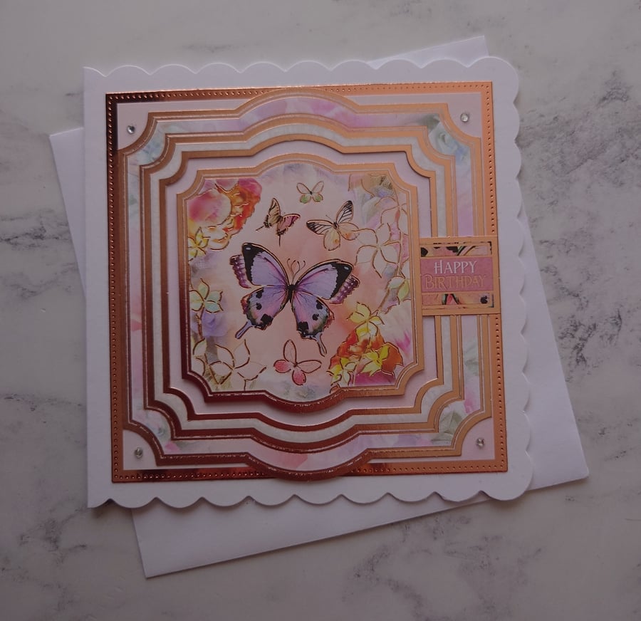 Happy Birthday Vintage Rose Gold Butterflies 3D Luxury Handmade Card