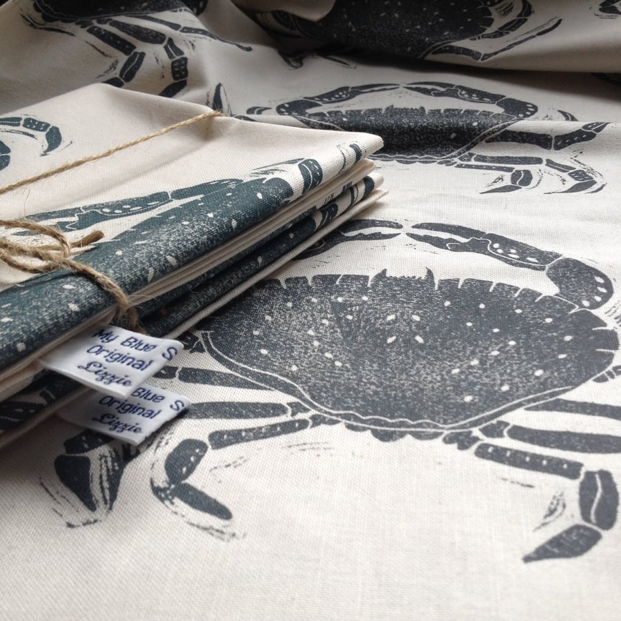 Hand printed crab tea towel
