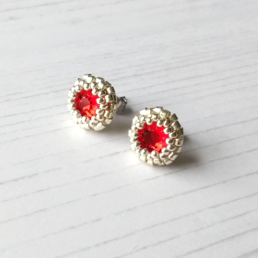 Stud Earrings in Red and Silver