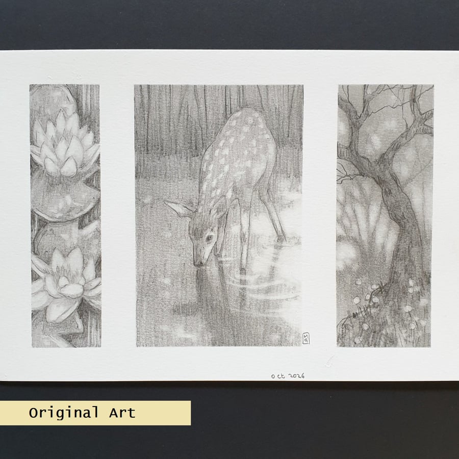 Pencil drawings 4- Deer, waterlilies, tree, original drawing, A5 artwork