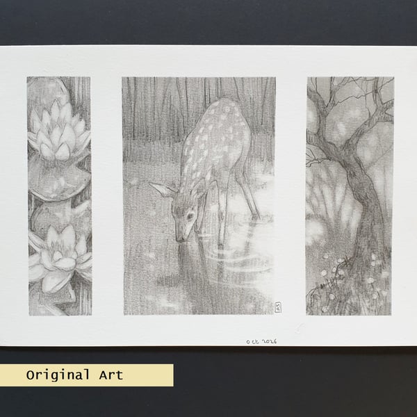 Pencil drawings 4- Deer, waterlilies, tree, original drawing, A5 artwork