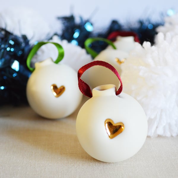 Small Christmas Bauble with a Gold Lustre Heart- Made from Porcelain 
