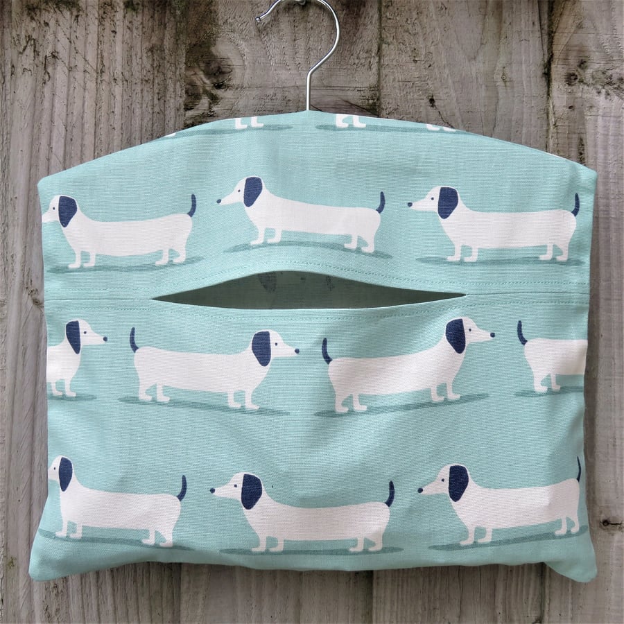Dachshund Sausage Dog Print Peg Bag in Duck Egg Blue Cotton Fabric