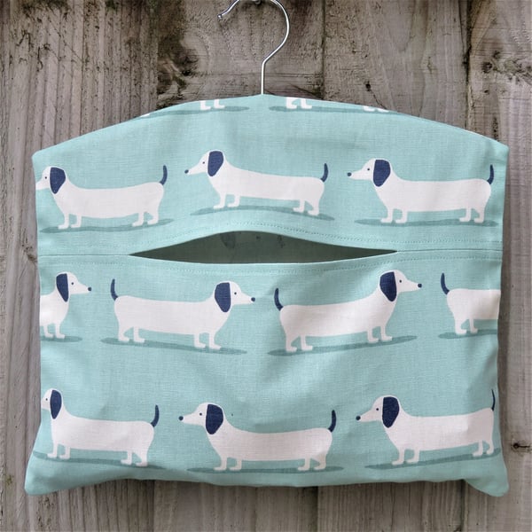 Dachshund Sausage Dog Print Peg Bag in Duck Egg Blue Cotton Fabric