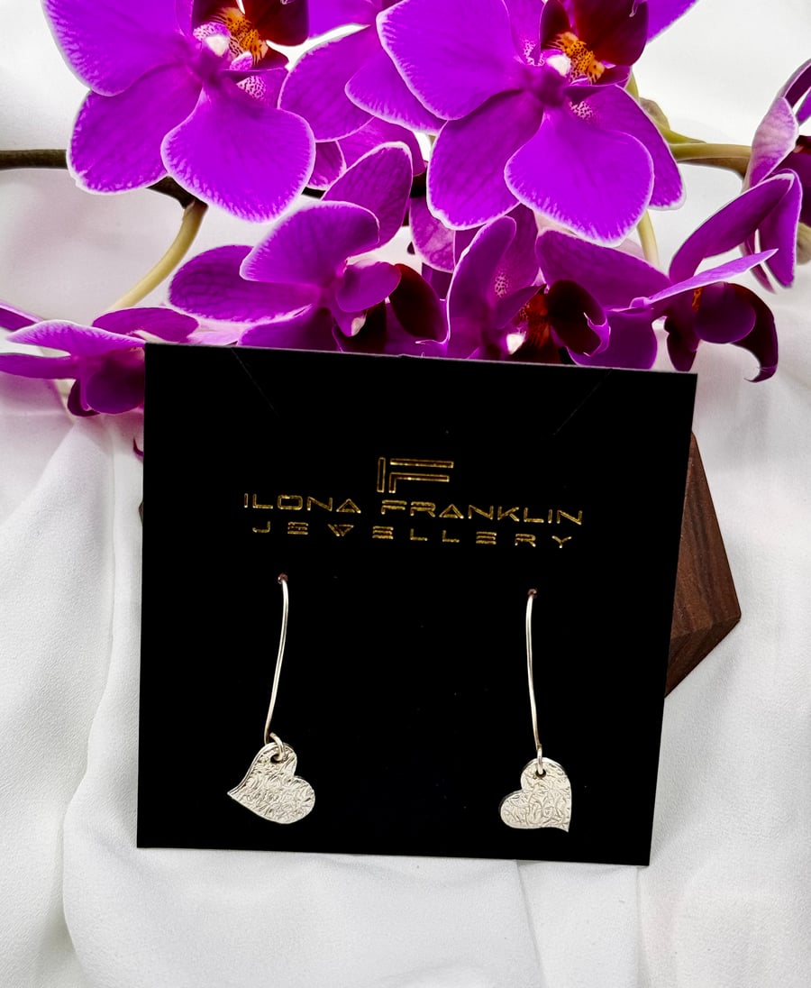 Silver earrings, heart shaped, Handmade in Yorkshire