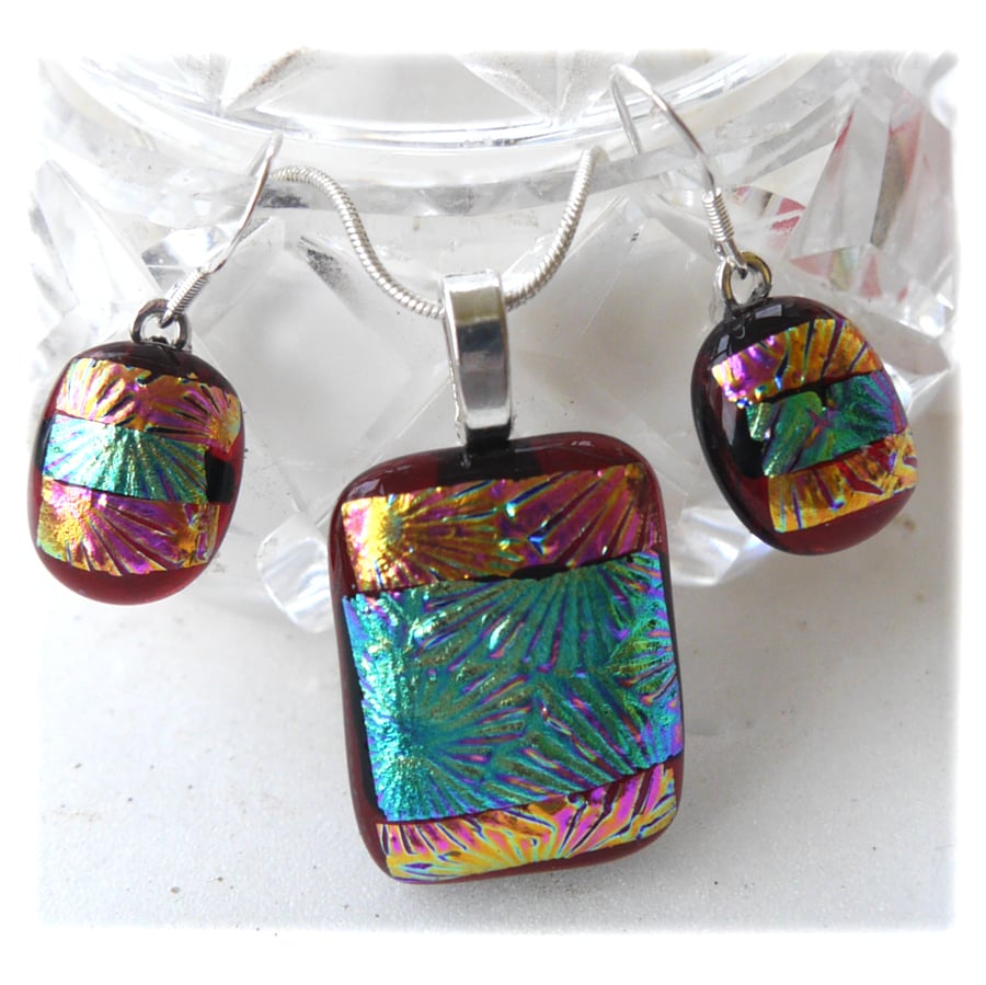 SOLD Dichroic Glass Pendant Earring Set 075 Cranberry Teal silver plated chain