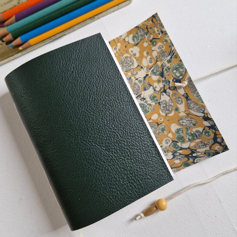 Marble Journal, Dark Green Leather with Mustard and Grey, Perfect Notebook