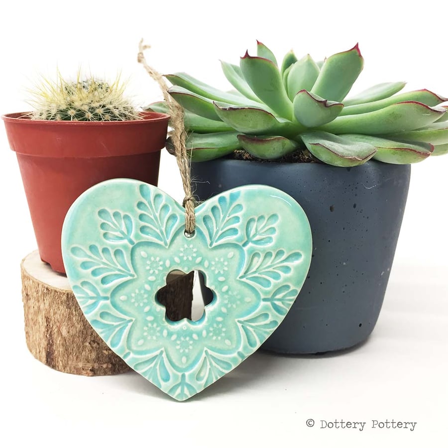 Ceramic heart hanging decoration Pottery Heart Folk art love heart Turquoise