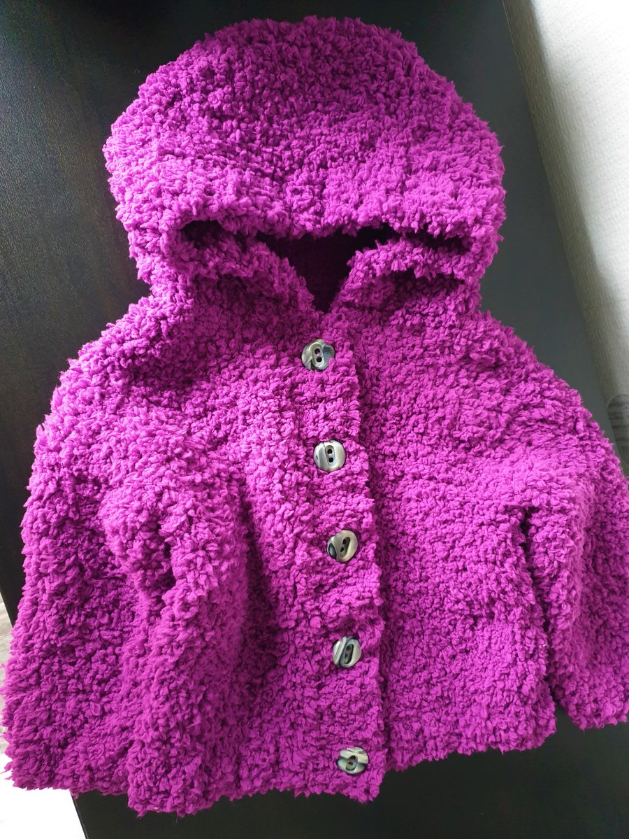 Babies' purple, fluffy knit, hooded cardigan 