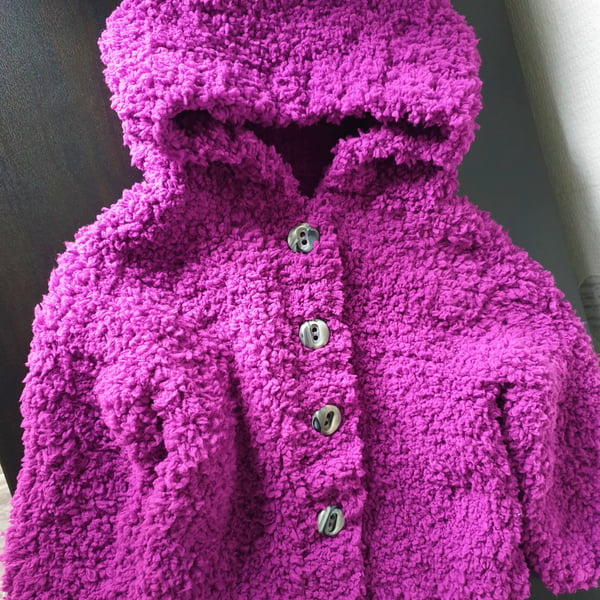 Babies' purple, fluffy knit, hooded cardigan 