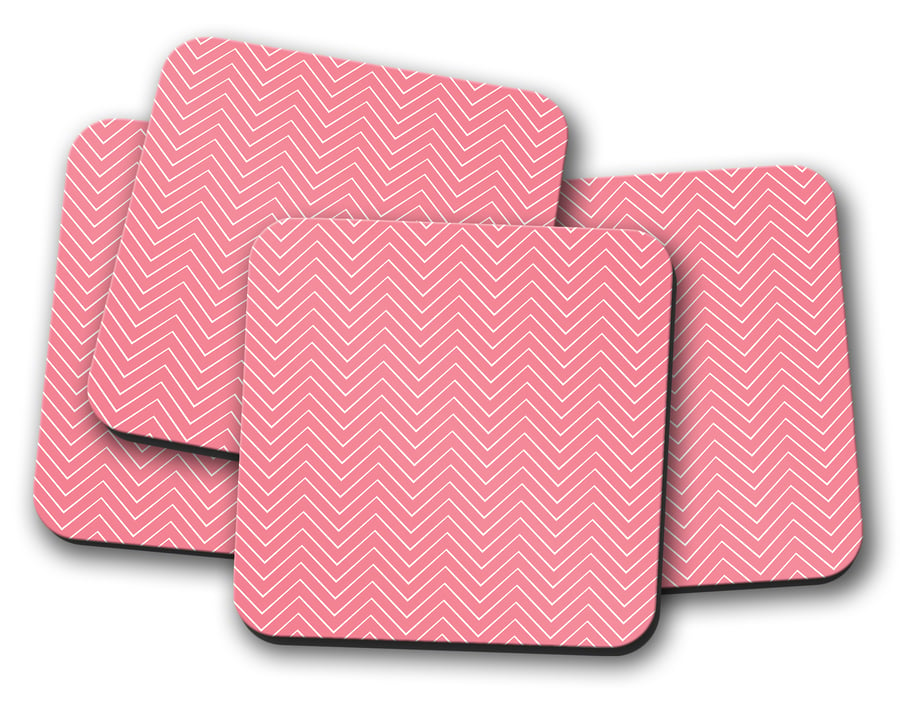 Set of 4 Pink with White Chevron Geometric Design Coasters