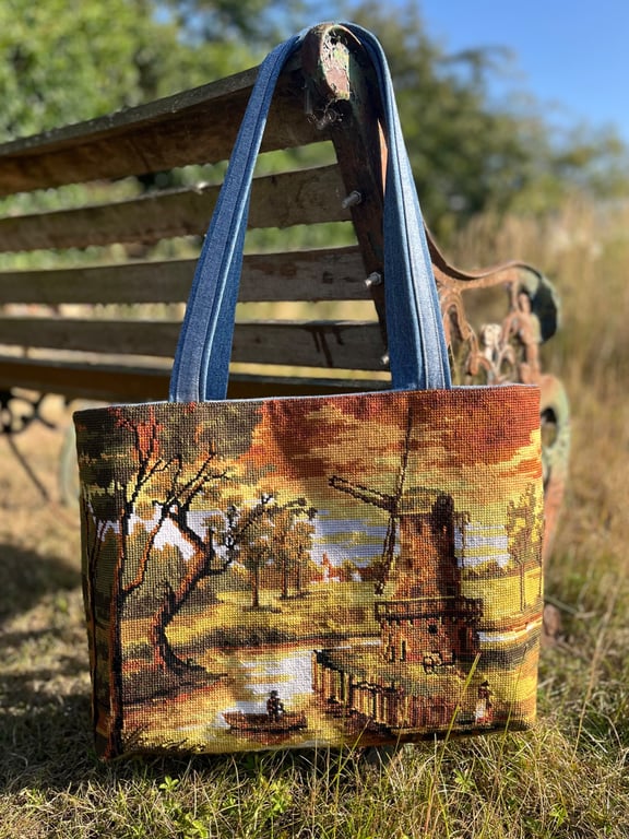 Windmill by the river tapestry and reclaimed denim tote bag with cotton lining