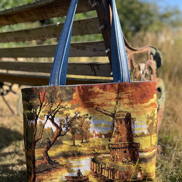 Windmill by the river tapestry and reclaimed denim tote bag with cotton lining