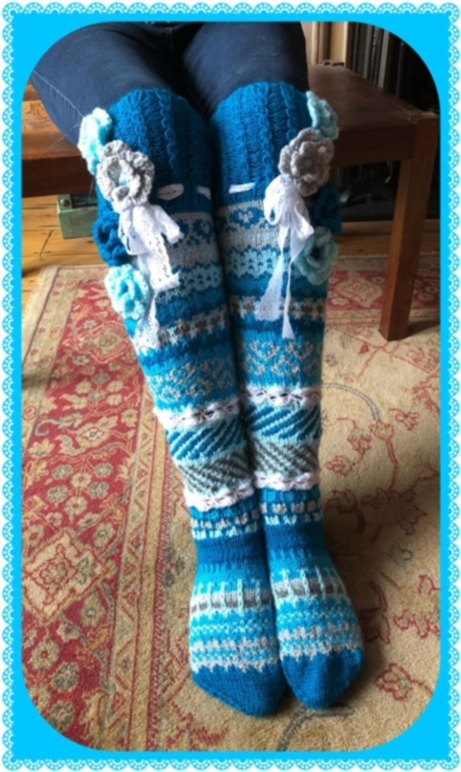 Hand knitted over the knee Fairisle socks with crocheted flowers