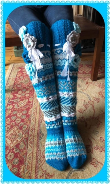 Hand knitted over the knee Fairisle socks with crocheted flowers