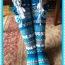 Hand knitted over the knee Fairisle socks with crocheted flowers
