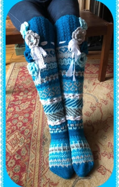 Hand knitted over the knee Fairisle socks with crocheted flowers
