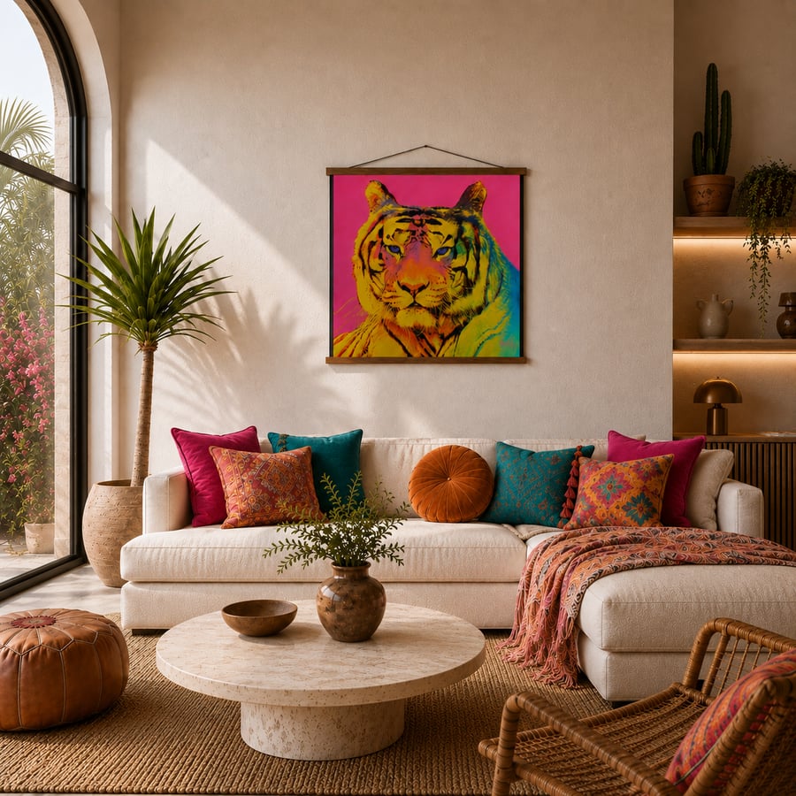 Silk Tiger Wall Hanging with Teak Hangers – Colourful Maximalist Textile Wall Ar