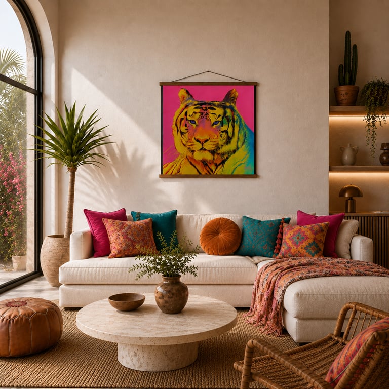 Silk Tiger Wall Hanging with Teak Hangers – Colourful Maximalist Textile Wall Ar