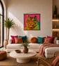 Silk Tiger Wall Hanging with Teak Hangers – Colourful Maximalist Textile Wall Ar