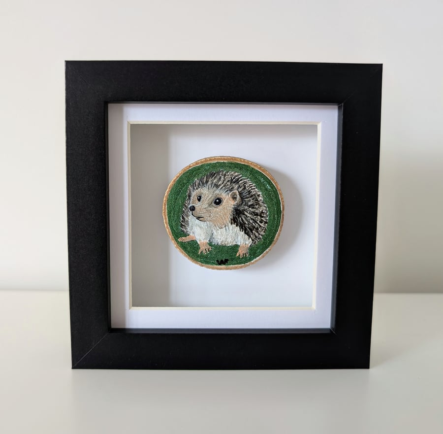 Winnie Hedgehog Small Wood Slice Painting Framed