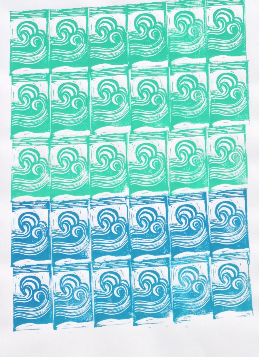 'Wonky Waves' Hand Printed Lino cut   
