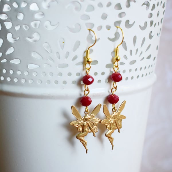 Golden Fairy Earrings With Red Glass Beads