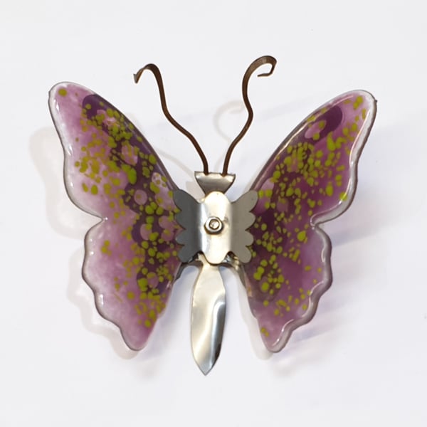 Butterfly Wall Art - Glass and Metal - Mini Pink and Green Butterfly