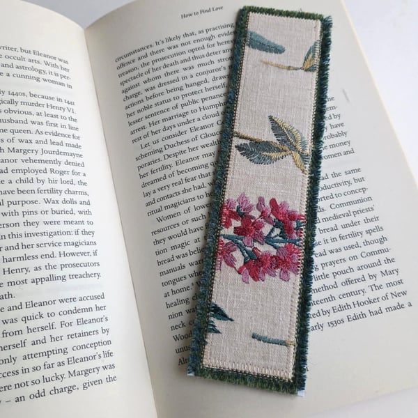 Textile bookmark - cerise pink embroidered curtain, wool and velvet fabrics