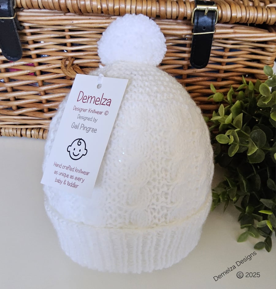 Designer Cable Hand Knitted Toddler Girl's Pom Pom Hat 1-2 Years size