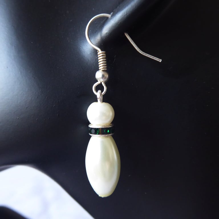 Bowling Pin Earrings with Dark Green Rhinestones and Ivory coloured Faux Pearls