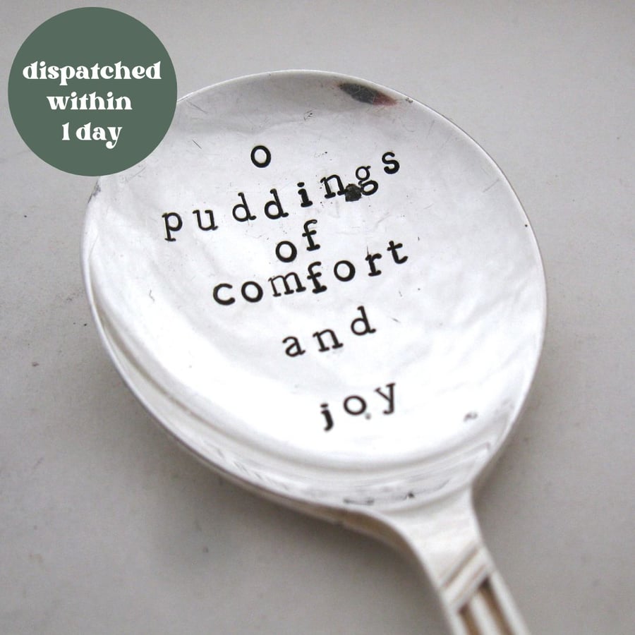 O Puddings of Comfort and Joy, Handstamped Vintage Fruit Spoon