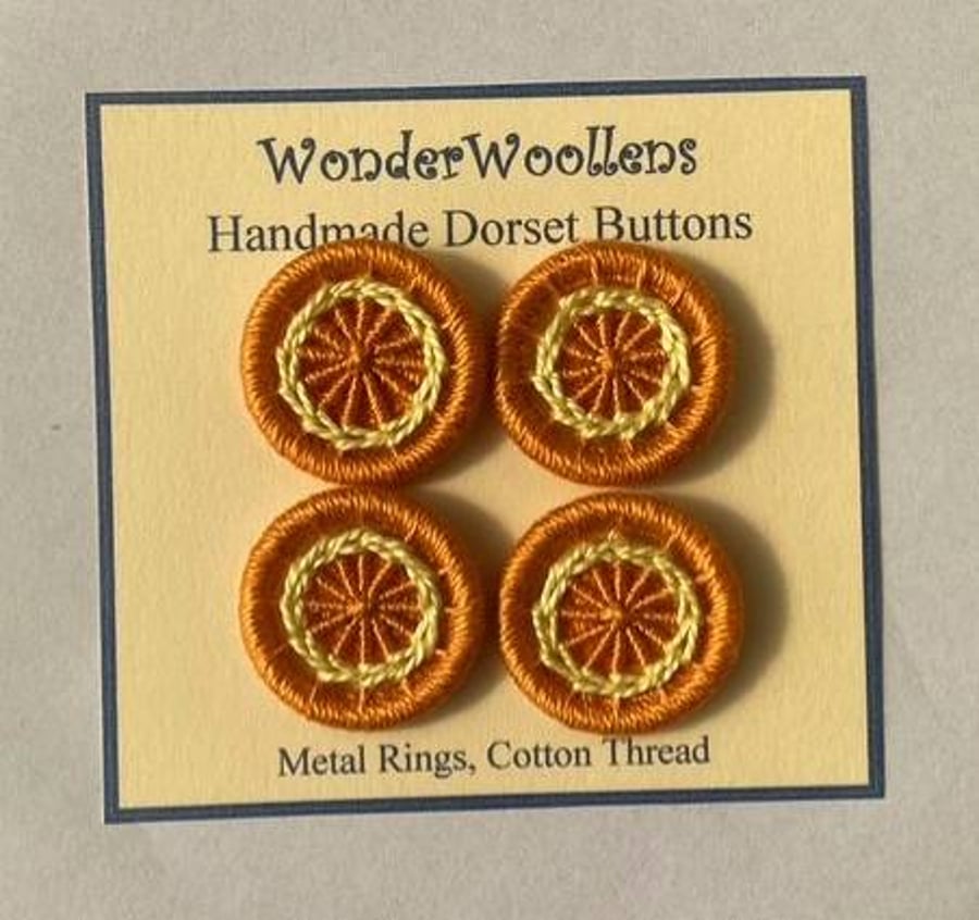 Dorset Buttons, Set of 4, Handmade, Orange, Yellow, Cotton,  1", 2.6cm