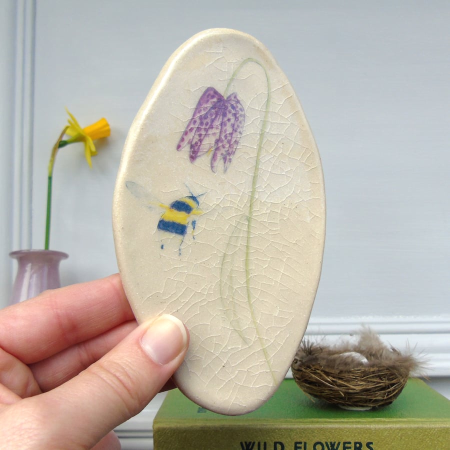 handmade ceramic bee and fritillary plaque