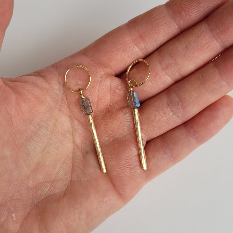 9ct Recycled Yellow Gold Dangle Bar Earrings with Labradorite
