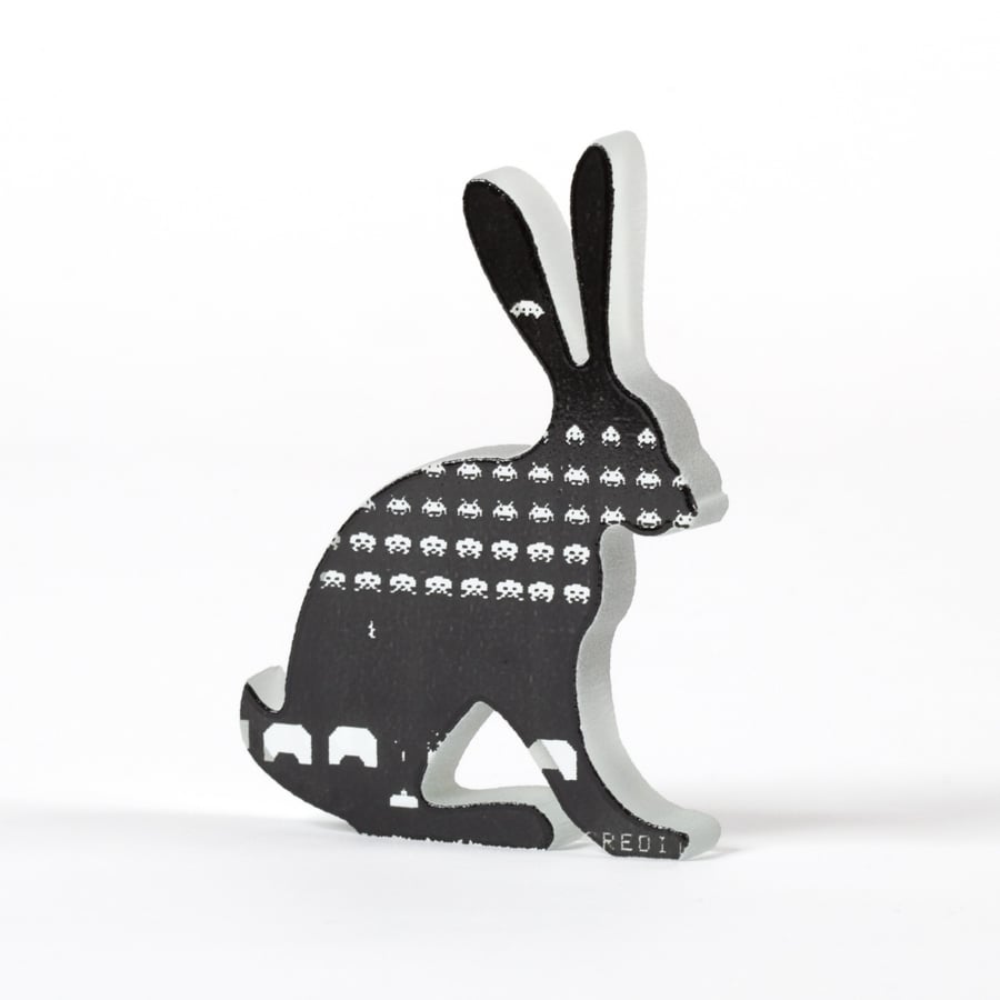Glass Hare Sculpture with Space Invaders Artwork