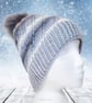 Crochet hat, beanie. Grey and white ombre ladies swirl pom pom hat. Ladies hat. - Image 5