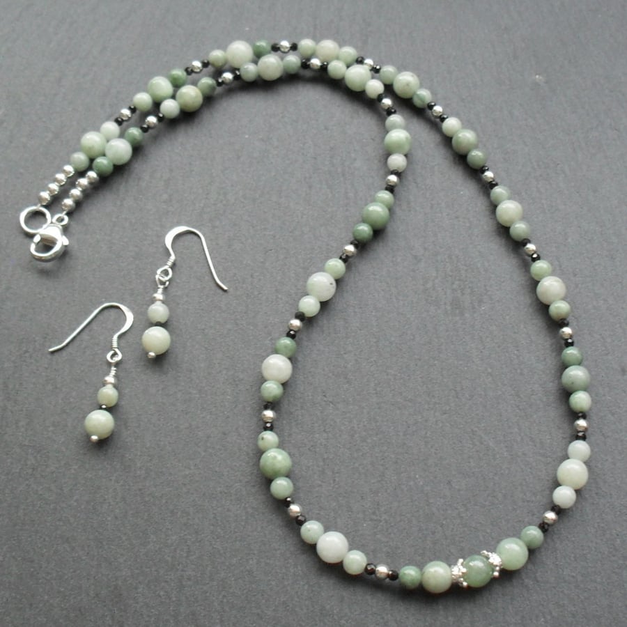 Sterling Silver Burmese Jadeite Necklace and Earrings Jade Necklace