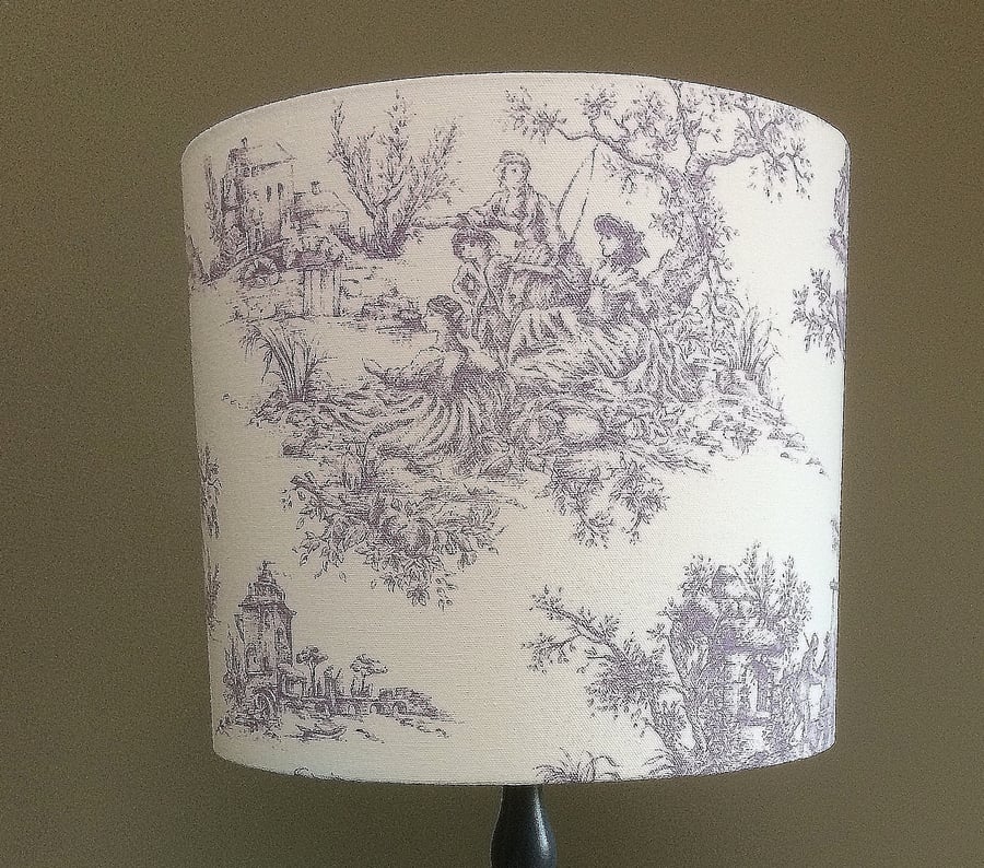 Cottage Core Lilac White Toile de Jouy Romantic Country View Fabric Lampshade