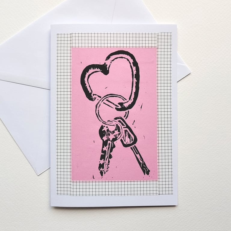Pink heart carabiner with keys blank hand-printed greetings card