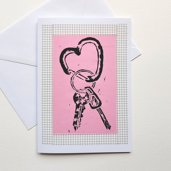 Pink heart carabiner with keys blank hand-printed greetings card