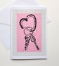 Pink heart carabiner with keys blank hand-printed greetings card