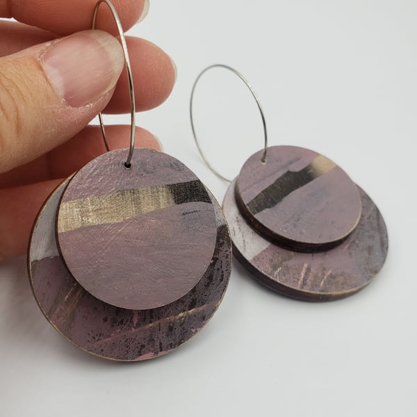 Large double disc hand printed earrings in a warm neutral colour palette